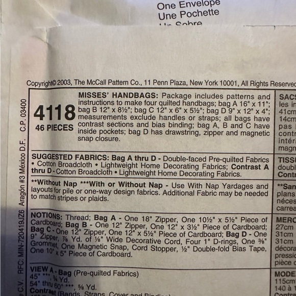 Clothes Pattern McCalls #4118 2003 Handbags Purse - Uncut - Picture 3 of 3